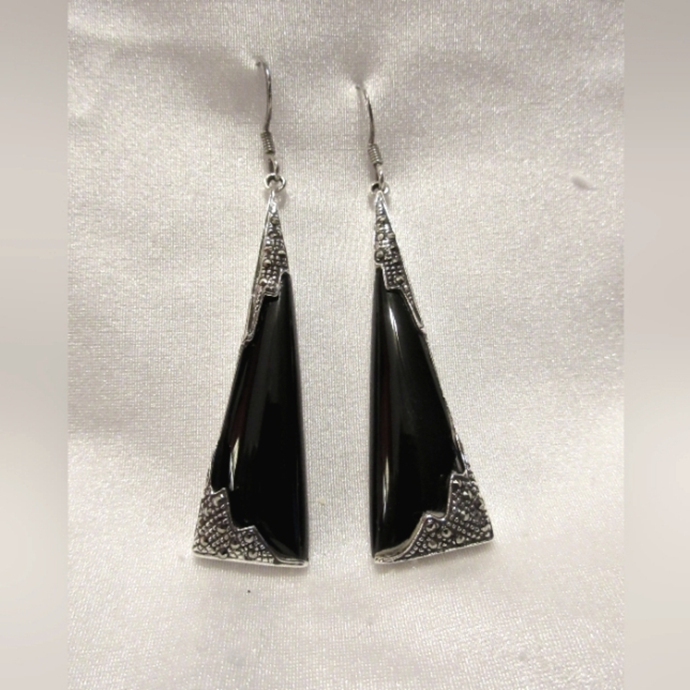 Art Deco Style Vintage Black Onyx, Marcasite & Sterling Drop Earrings